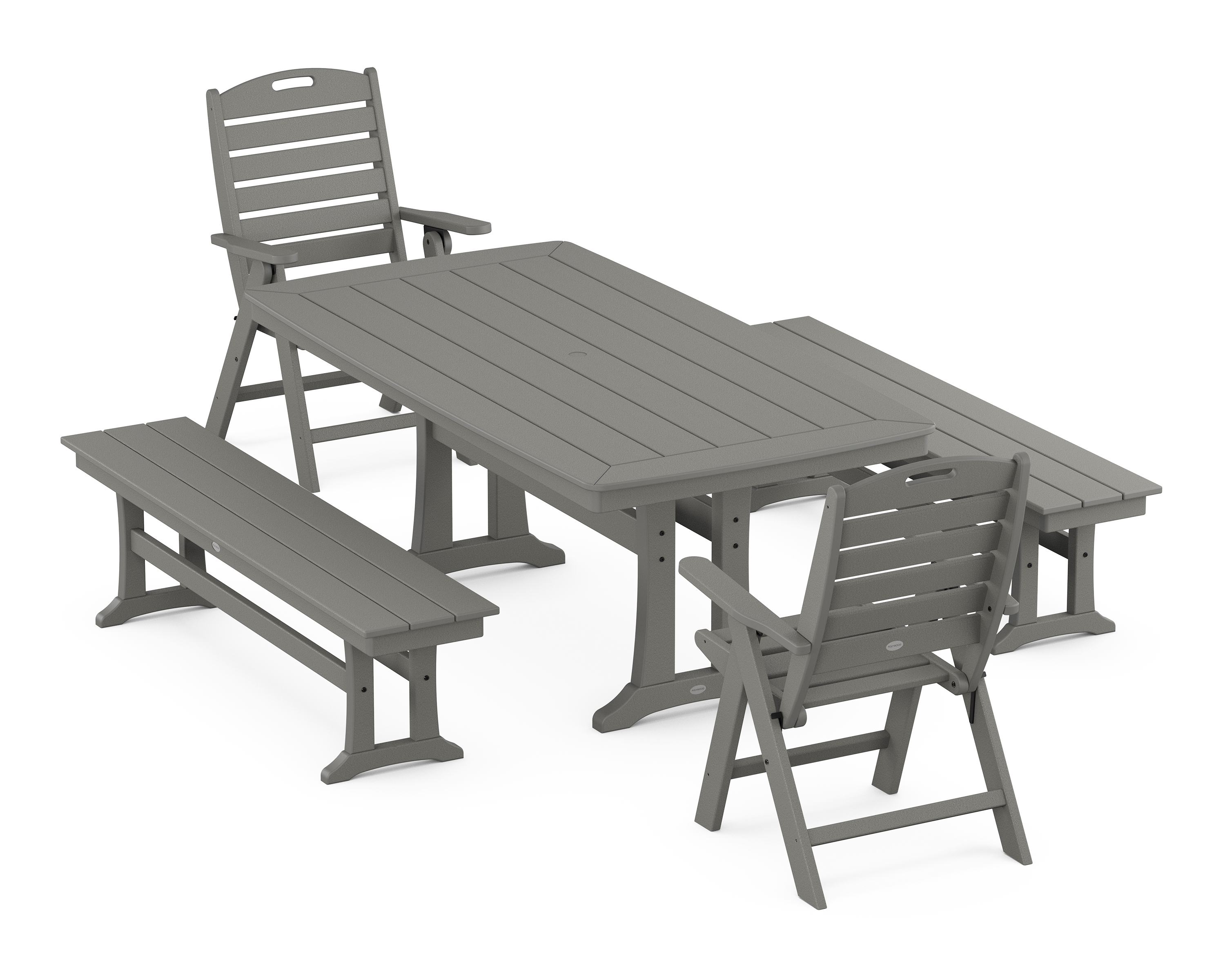 POLYWOOD Nautical Folding Highback Chair 5-Piece Dining Set with Trestle Legs and Benches