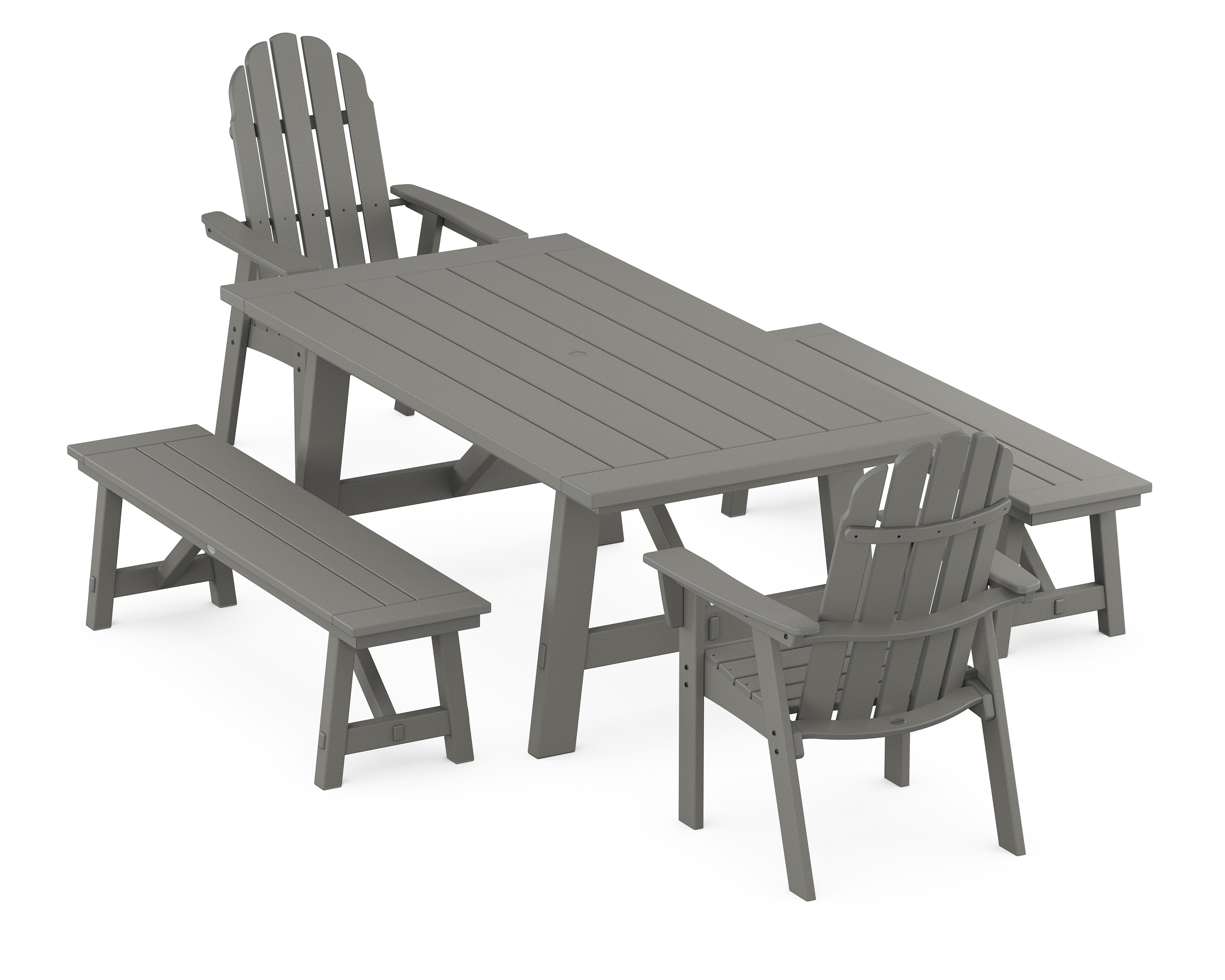 POLYWOOD Vineyard Curveback Adirondack 5-Piece Rustic Farmhouse Dining Set With Benches