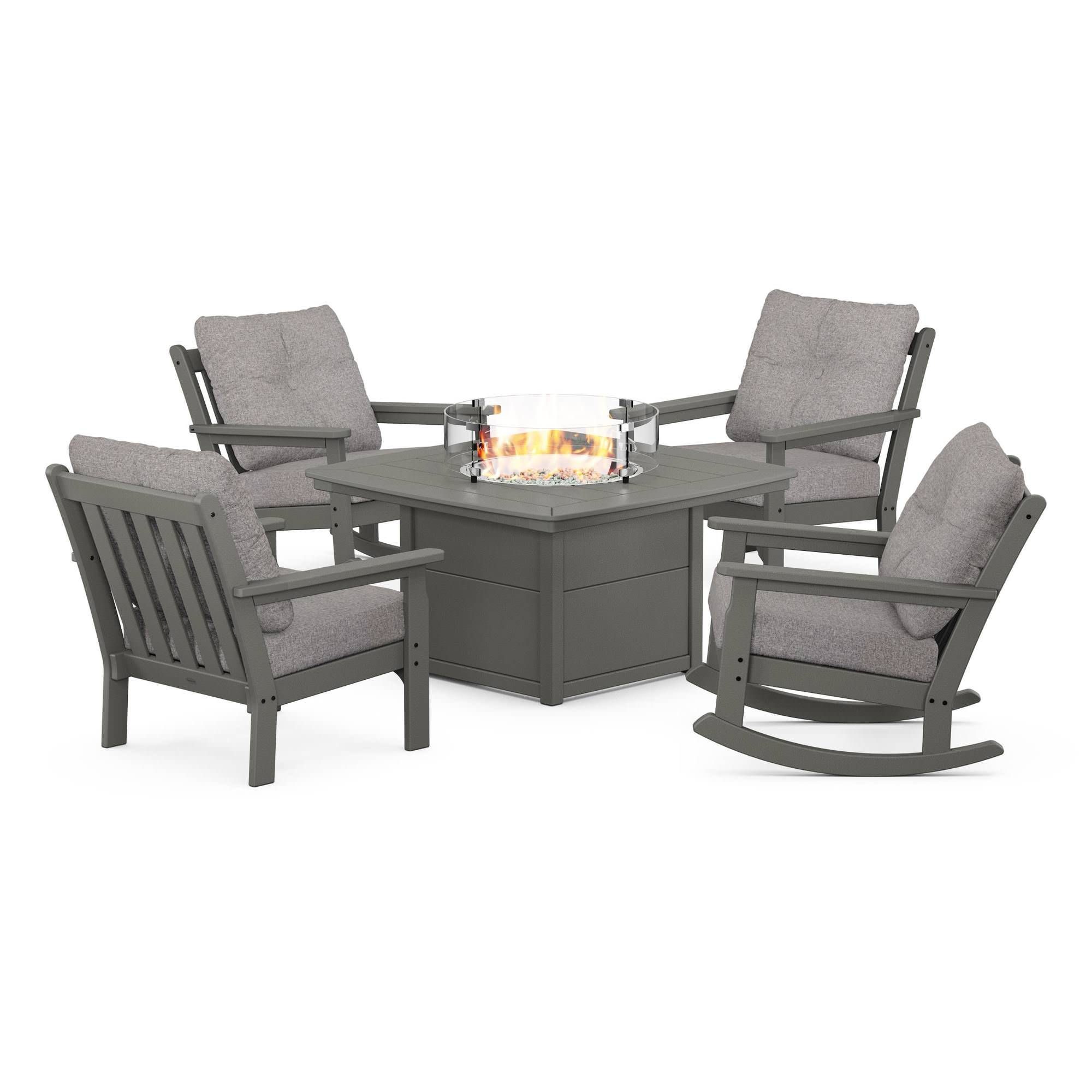 POLYWOOD® Vineyard 5-Piece Deep Seating Rocking Chair Conversation Set with Fire Pit Table
