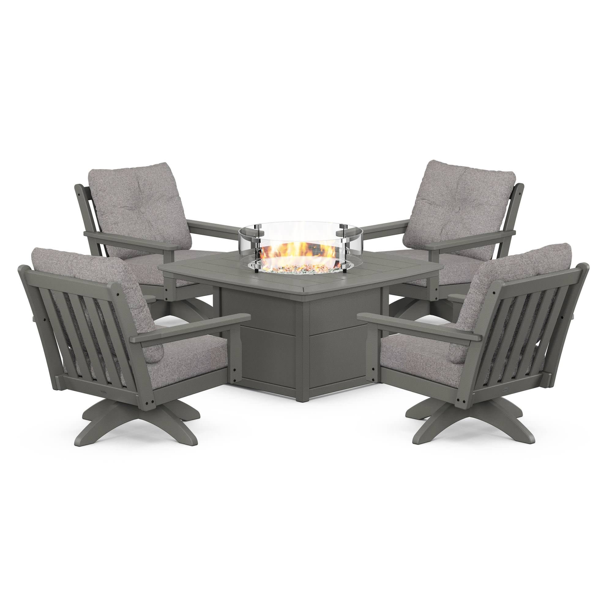 POLYWOOD® Vineyard 5-Piece Deep Seating Swivel Conversation Set with Fire Pit Table