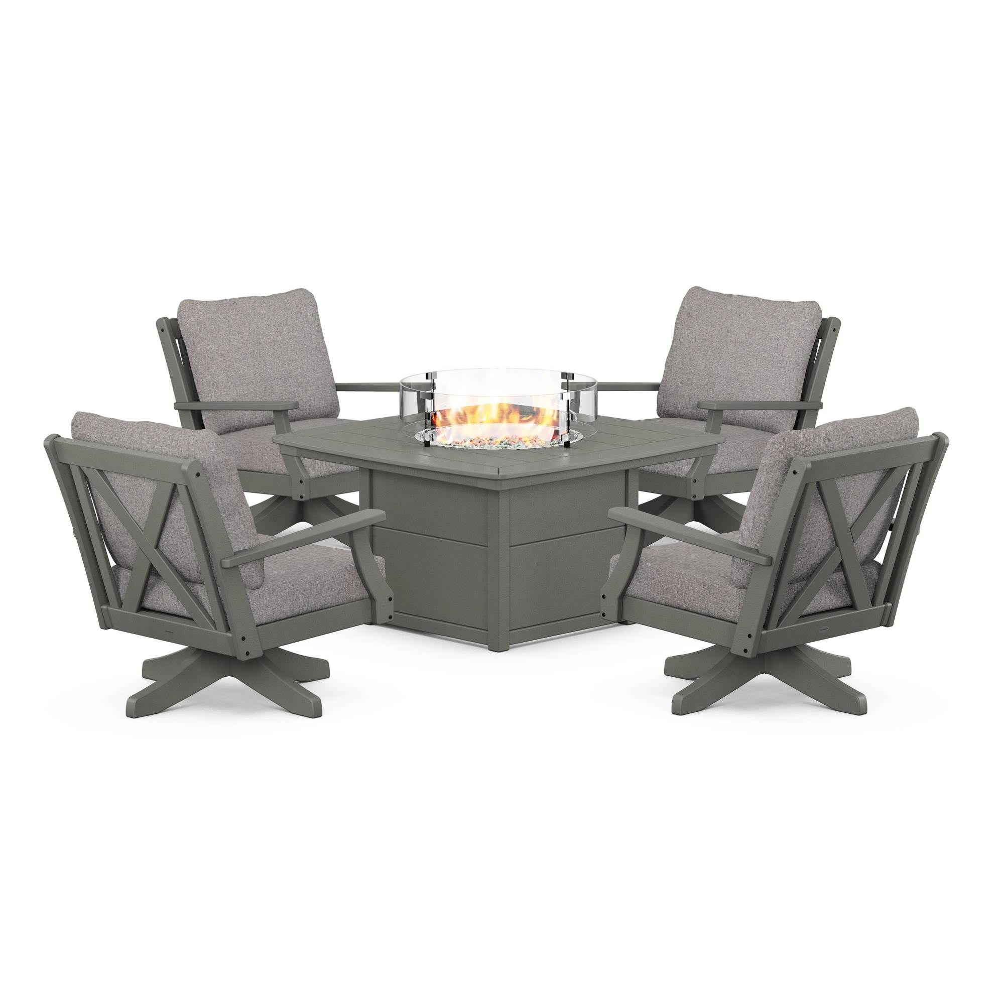 POLYWOOD® Braxton 5-Piece Deep Seating Swivel Conversation Set with Fire Pit Table