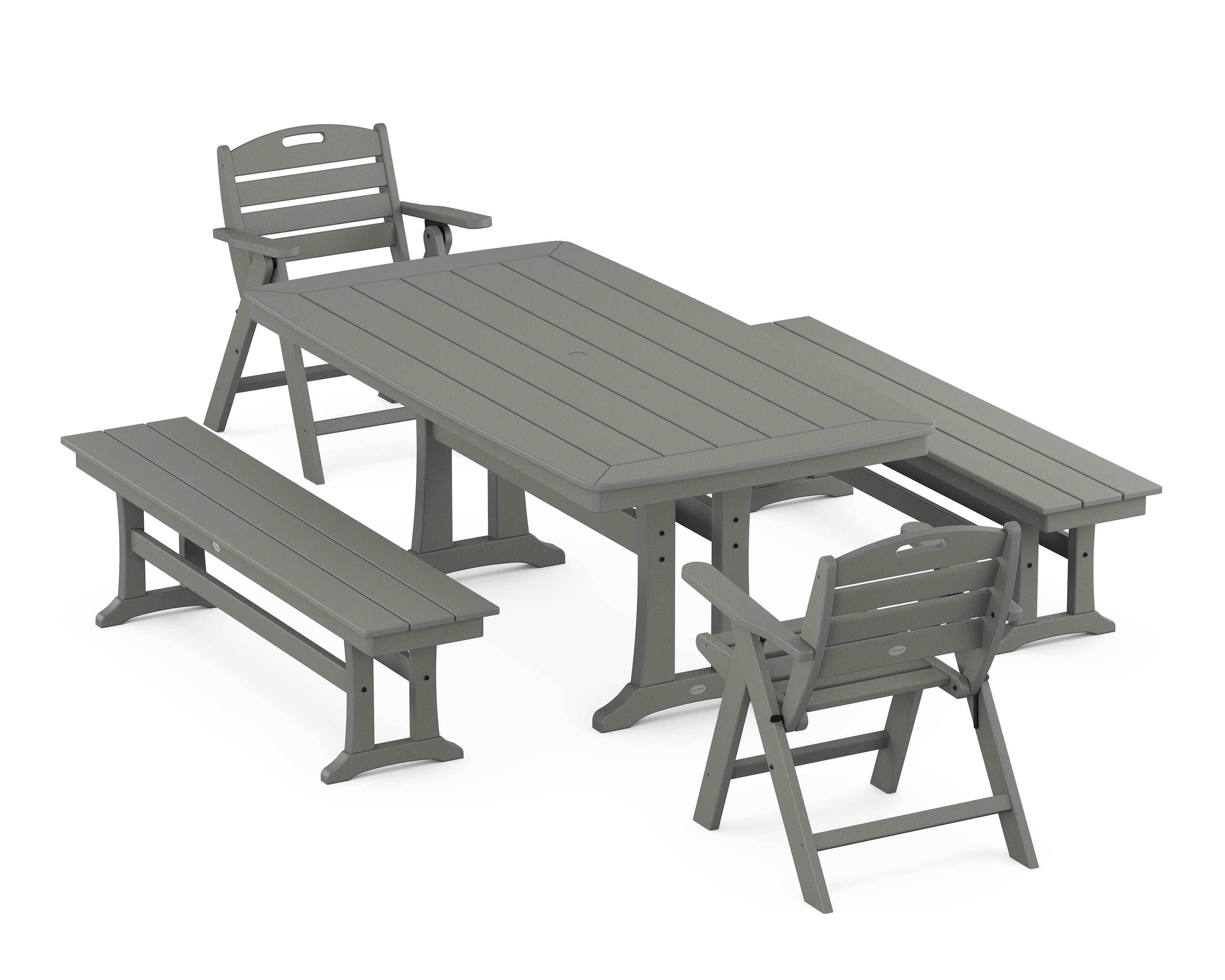 POLYWOOD Nautical Folding Lowback Chair 5-Piece Dining Set with Trestle Legs and Benches