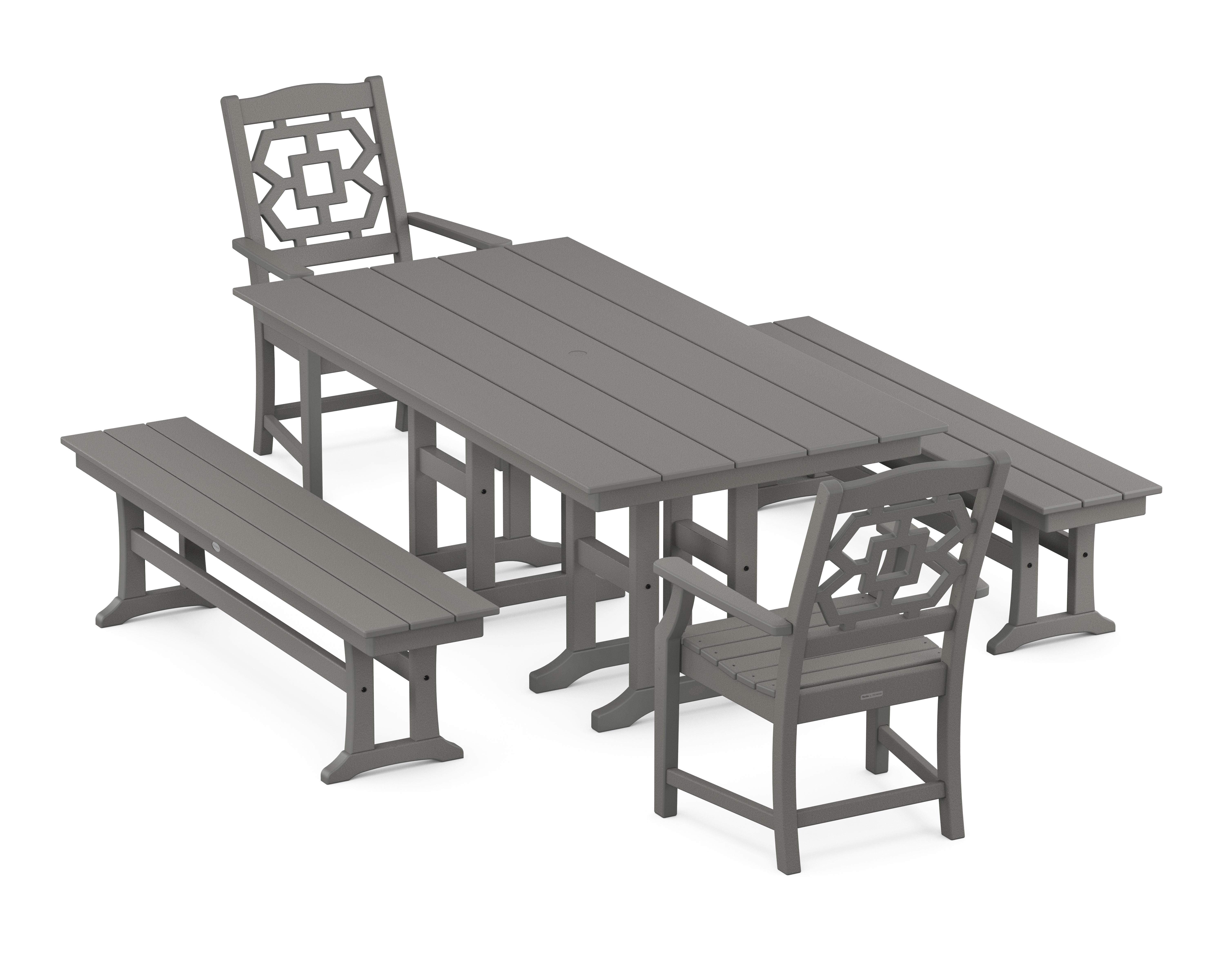 POLYWOOD Chinoiserie 5-Piece Farmhouse Dining Set with Benches
