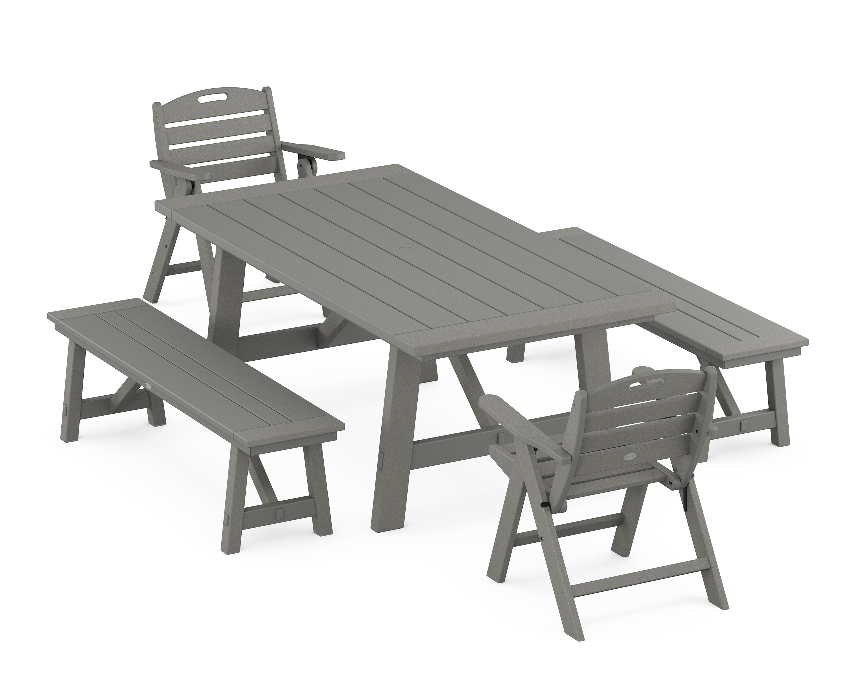 POLYWOOD Nautical Folding Lowback Chair 5-Piece Rustic Farmhouse Dining Set With Benches