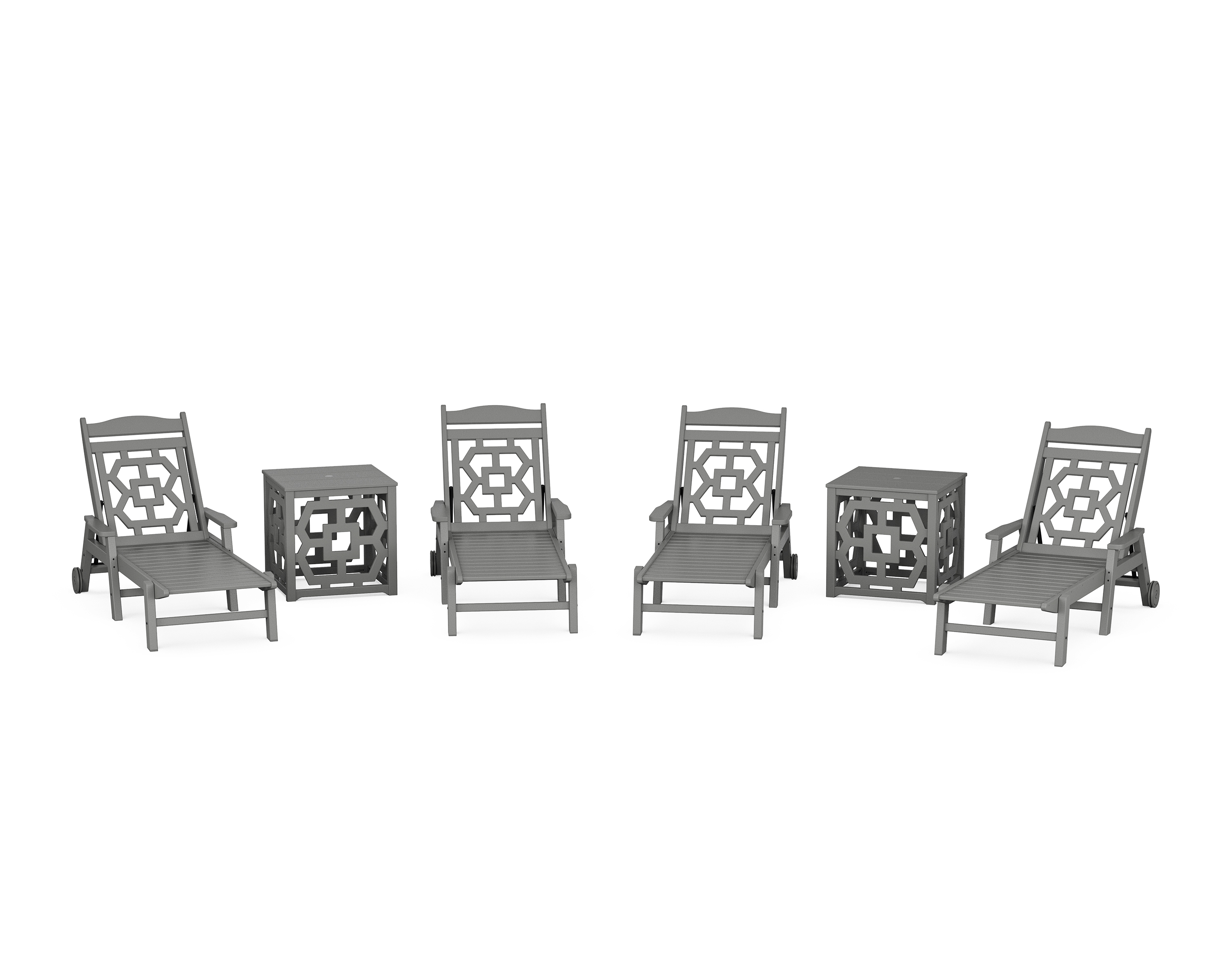POLYWOOD Chinoiserie 6-Piece Chaise Set with Umbrella Stand Accent Table
