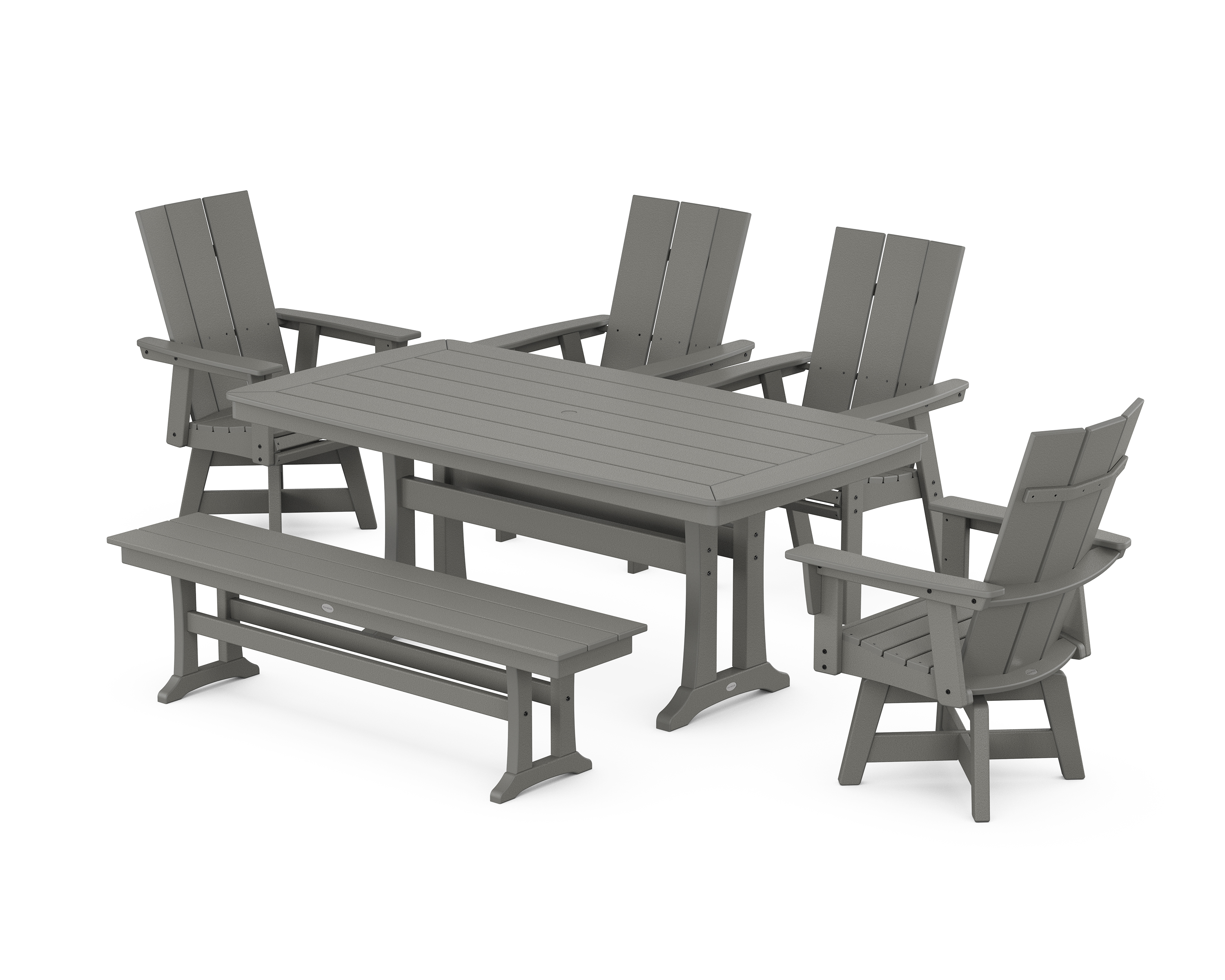 POLYWOOD Modern Curveback Adirondack Swivel Chair 6-Piece Dining Set with Trestle Legs and Bench