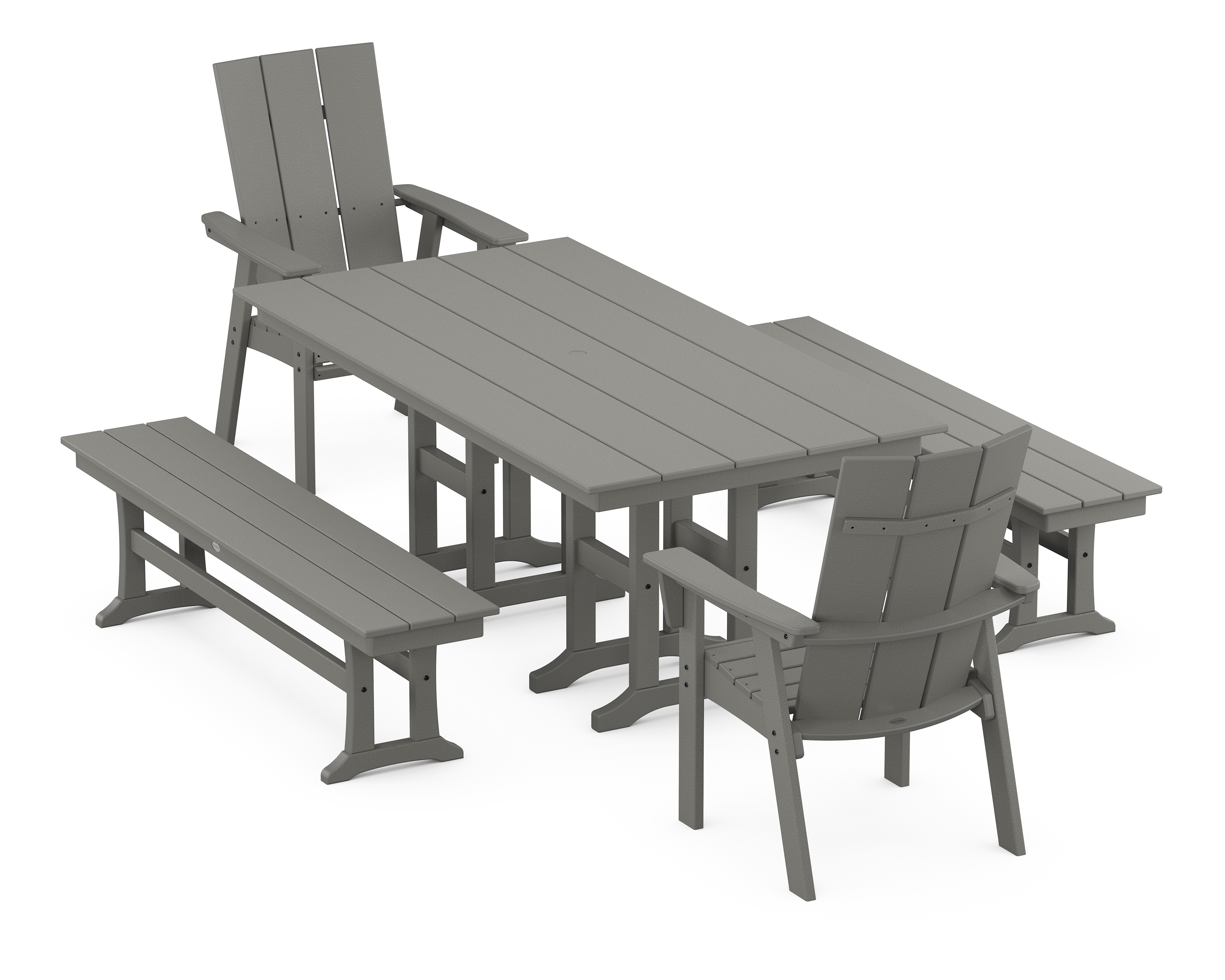 POLYWOOD Modern Curveback Adirondack 5-Piece Farmhouse Dining Set with Benches