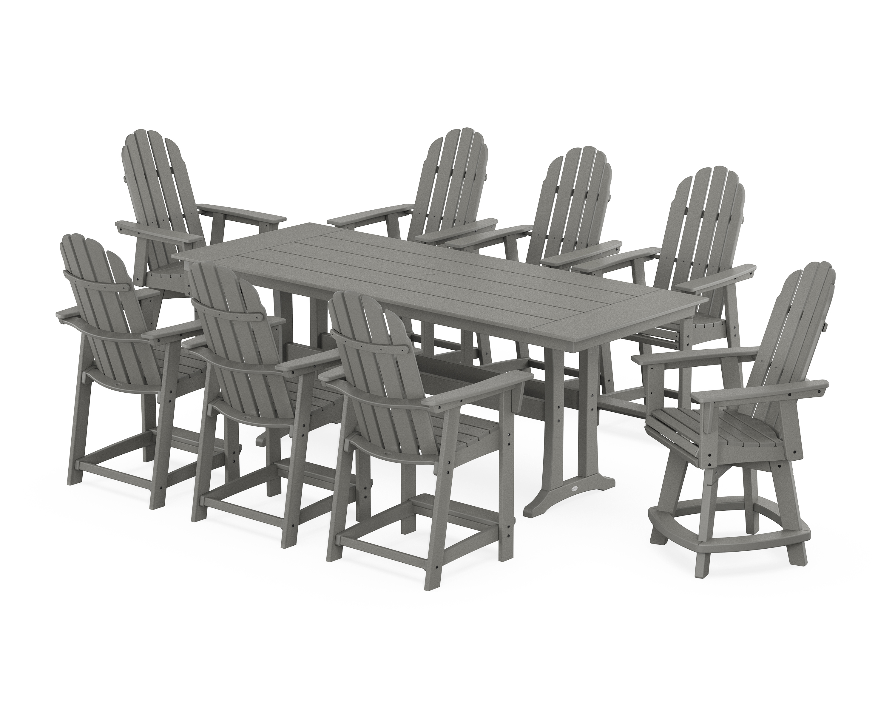 POLYWOOD Vineyard Curveback Adirondack Swivel 9-Piece Farmhouse Counter Set with Trestle Legs