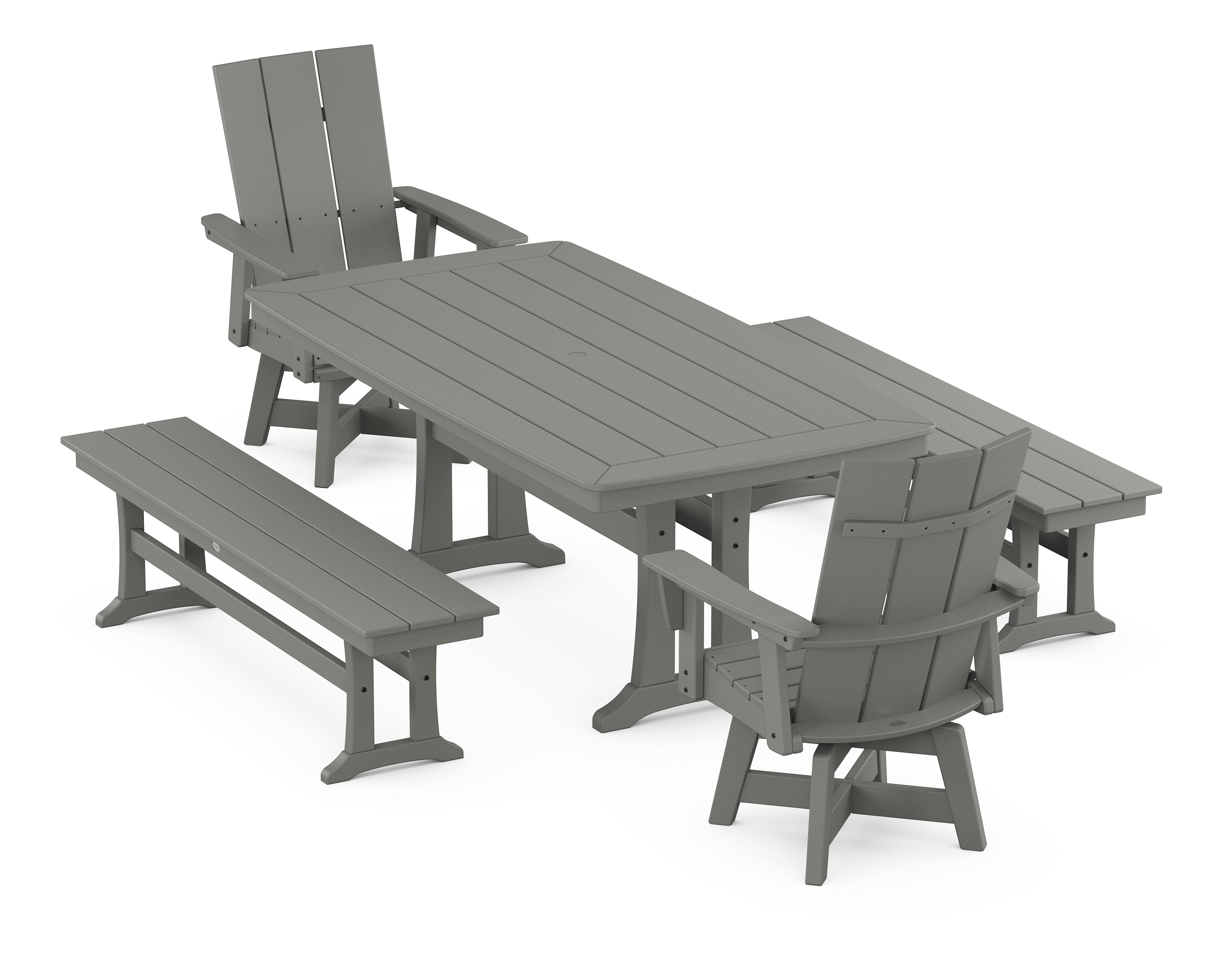 POLYWOOD Modern Curveback Adirondack Swivel Chair 5-Piece Dining Set with Trestle Legs and Benches