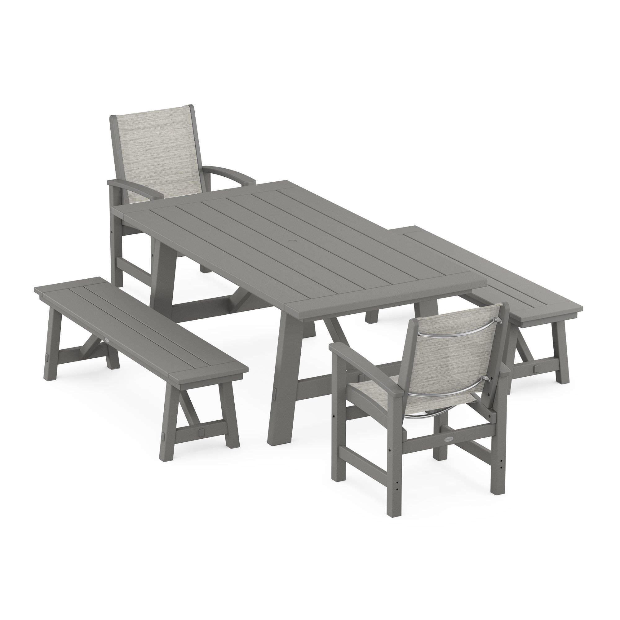 POLYWOOD Coastal 5-Piece Rustic Farmhouse Dining Set With Benches