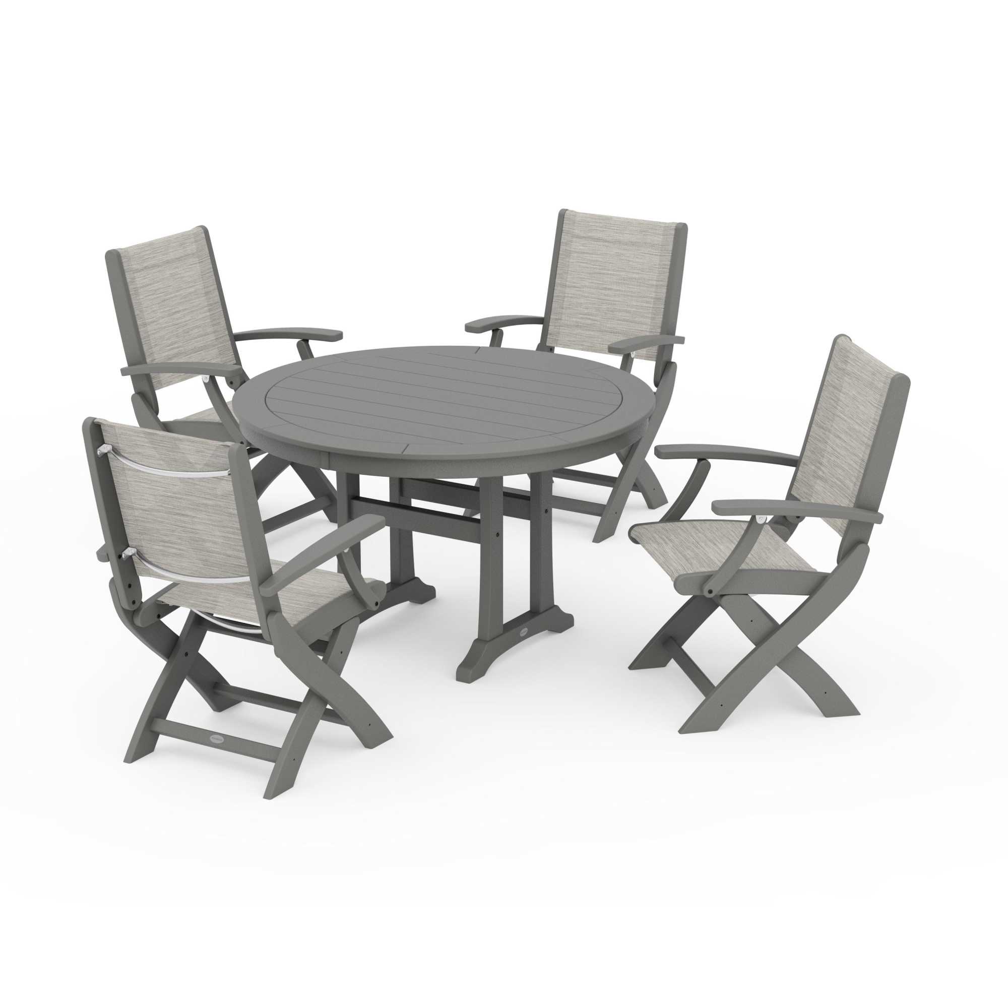 POLYWOOD Coastal Folding Chair 5-Piece Round Dining Set with Trestle Legs