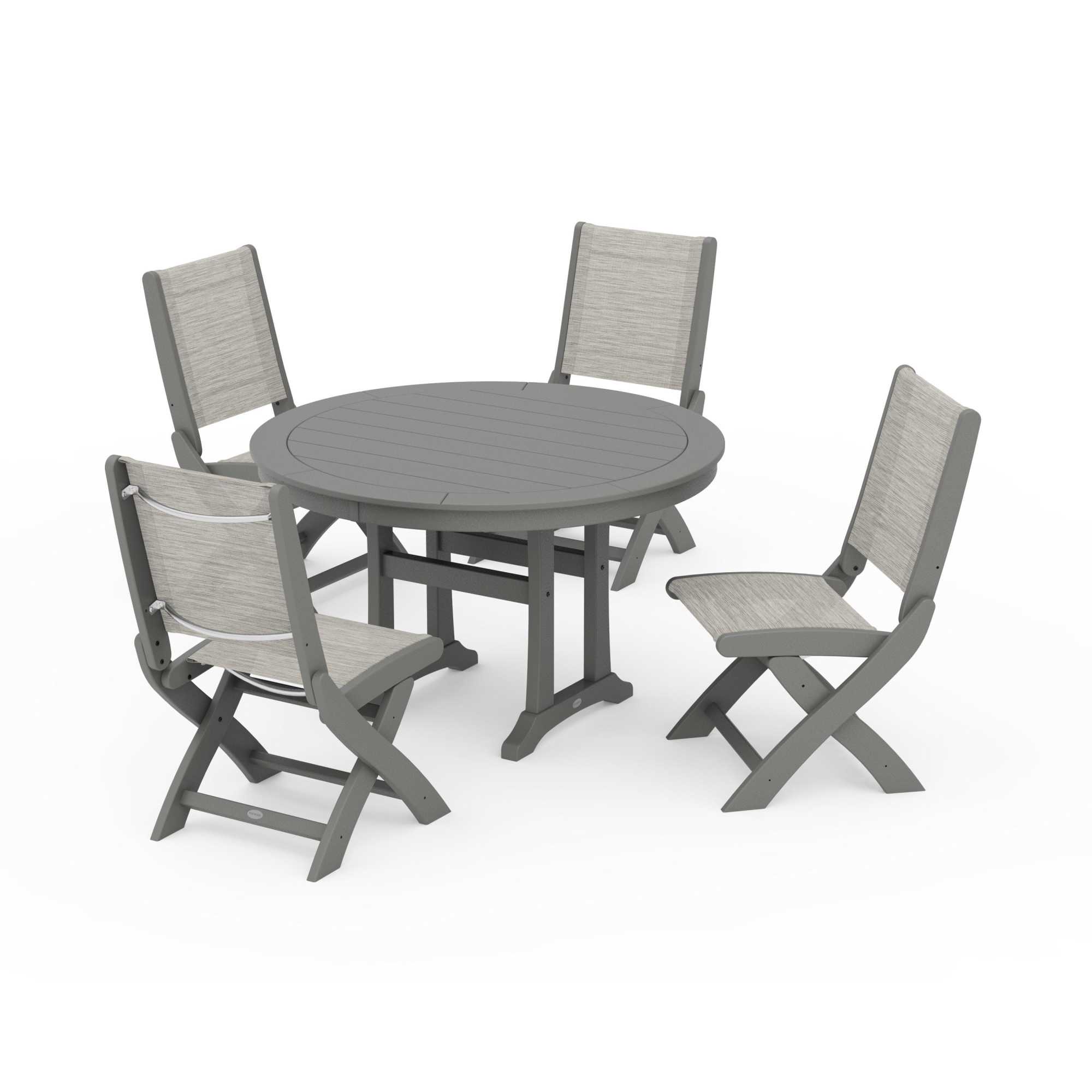POLYWOOD Coastal Folding Side Chair 5-Piece Round Dining Set With Trestle Legs