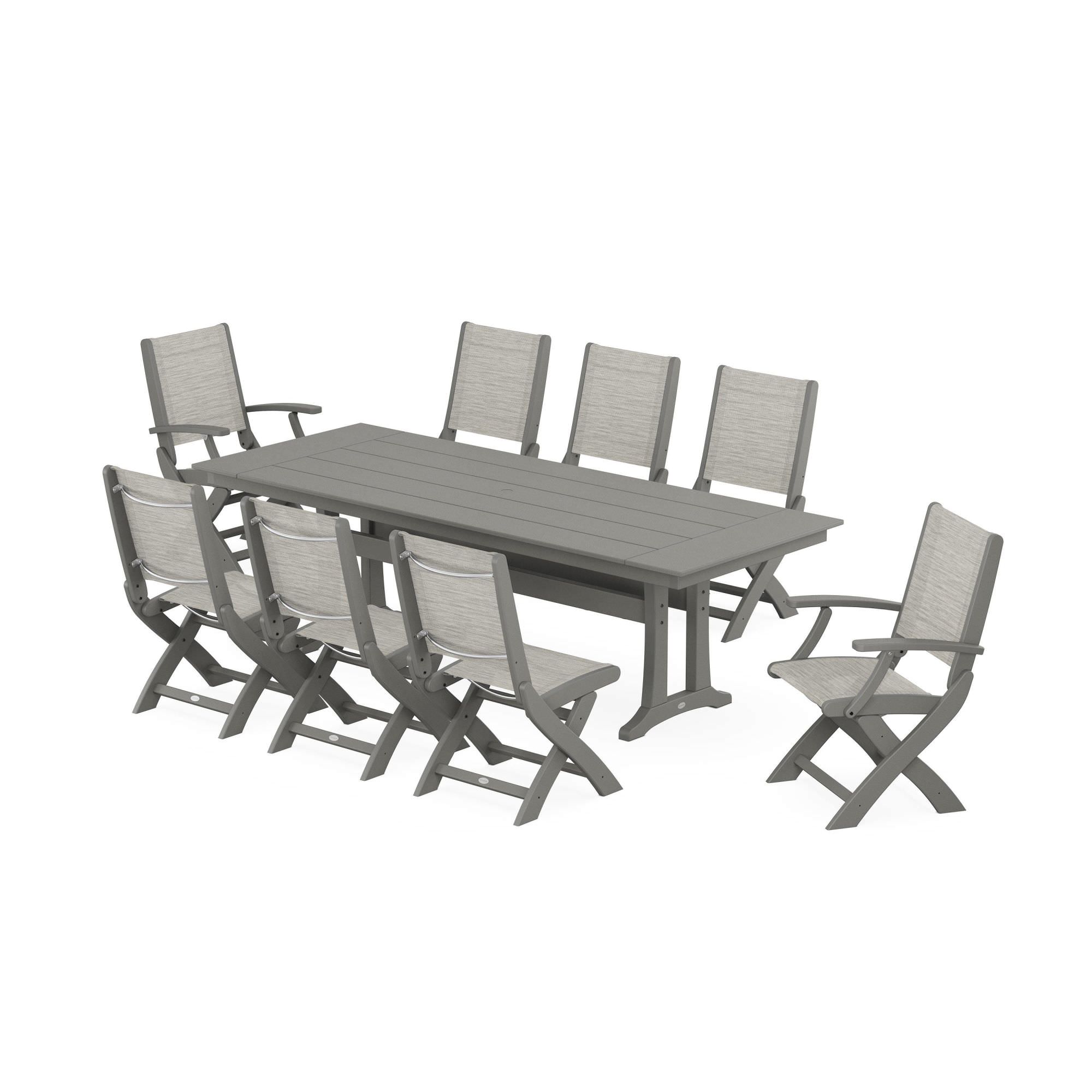 POLYWOOD Coastal 9-Piece Folding Dining Chair Farmhouse Dining Set with Trestle Legs