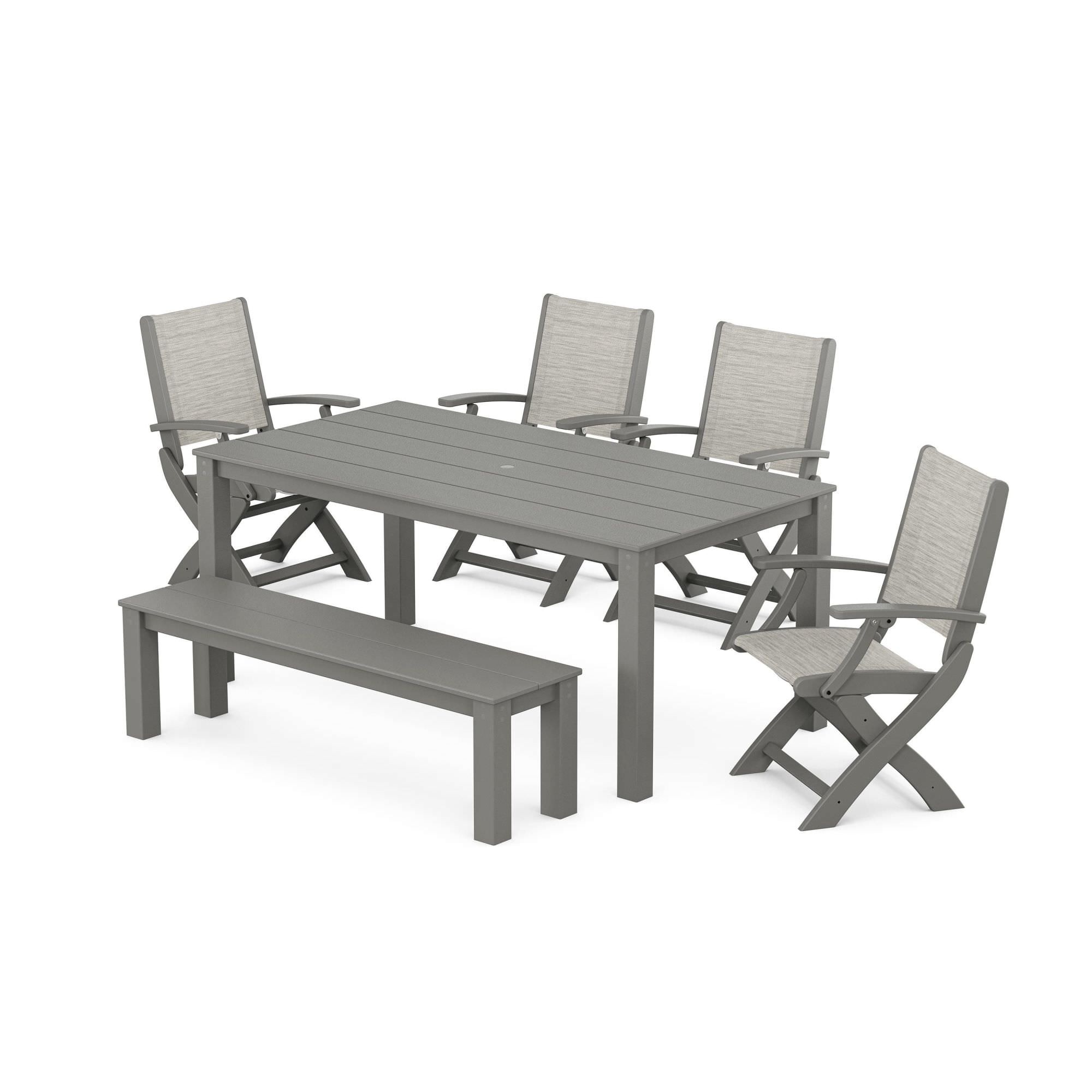 POLYWOOD Coastal Folding Chair 6- Piece Parsons Dining Set with Bench