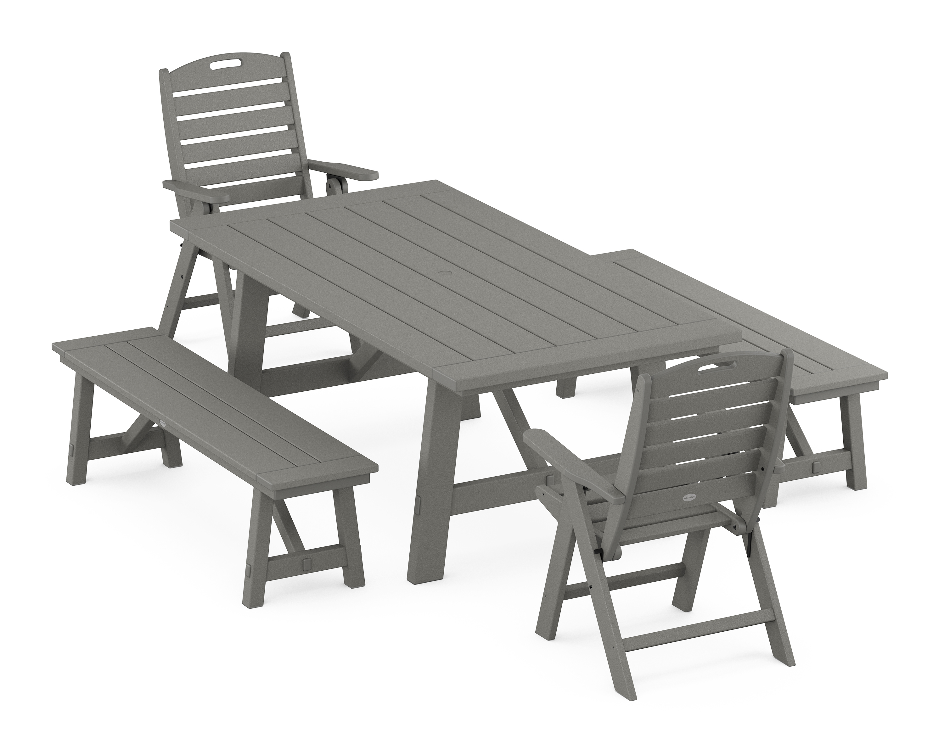 POLYWOOD Nautical Folding Highback Chair 5-Piece Rustic Farmhouse Dining Set With Benches
