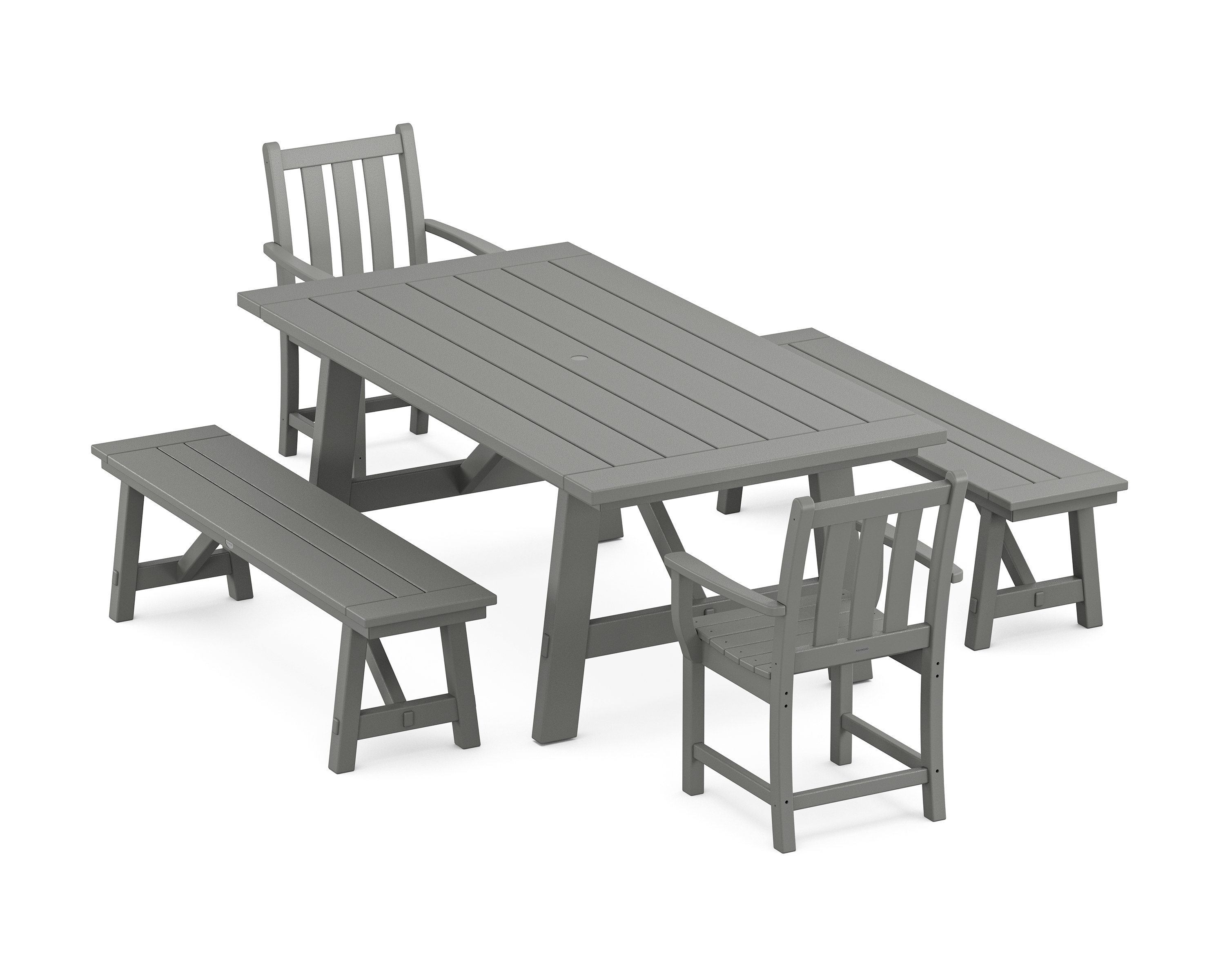 POLYWOOD Traditional Garden 5-Piece Rustic Farmhouse Dining Set With Benches