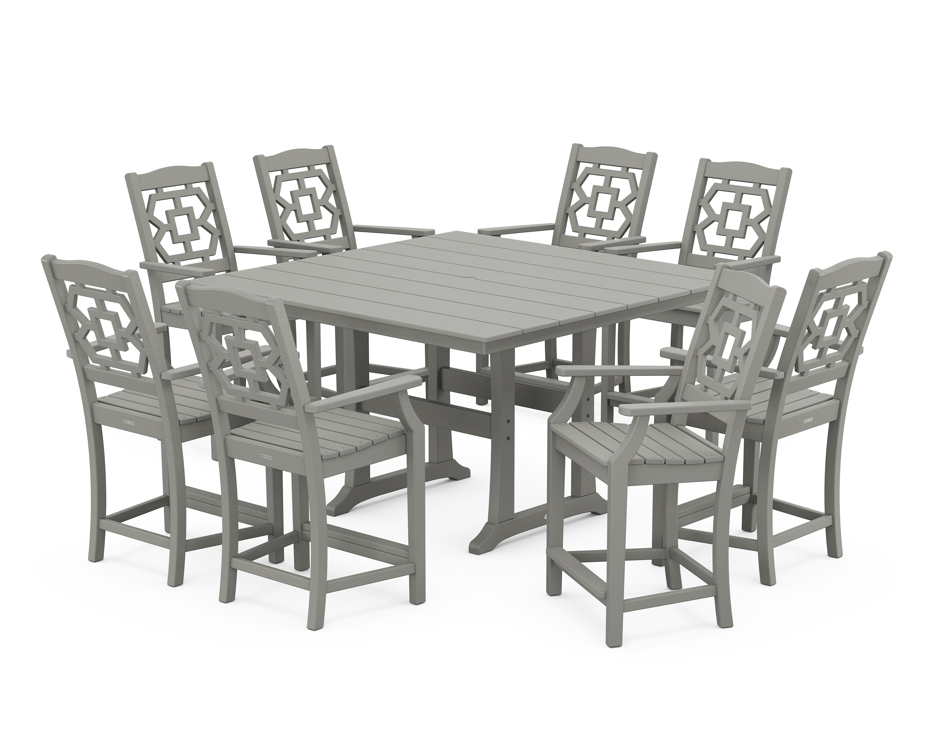 POLYWOOD Chinoiserie 9-Piece Square Farmhouse Counter Set with Trestle Legs