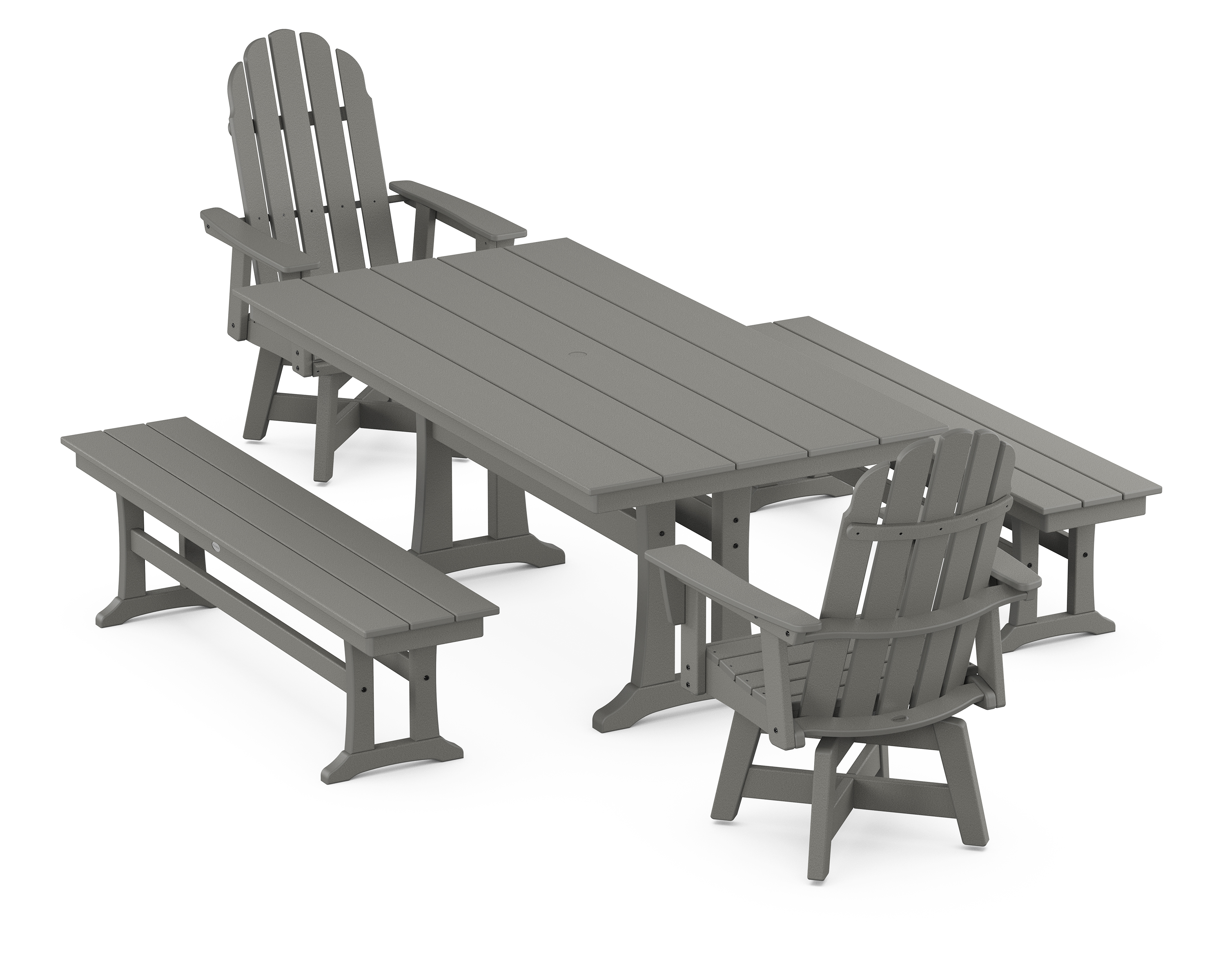 POLYWOOD Vineyard Curveback Adirondack Swivel Chair 5-Piece Farmhouse Dining Set With Trestle Legs and Benches