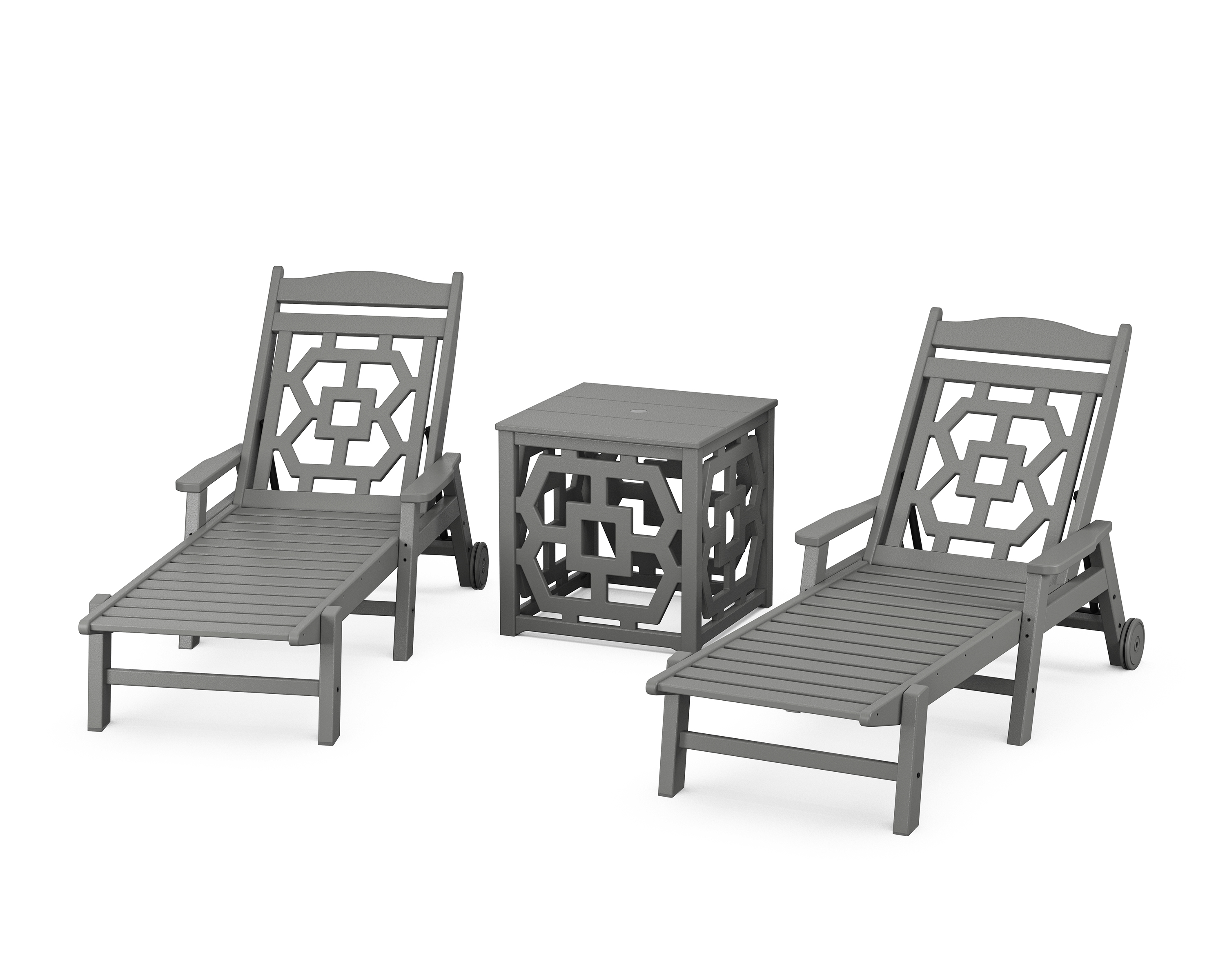 POLYWOOD Chinoiserie 3-Piece Chaise Set with Umbrella Stand Accent Table