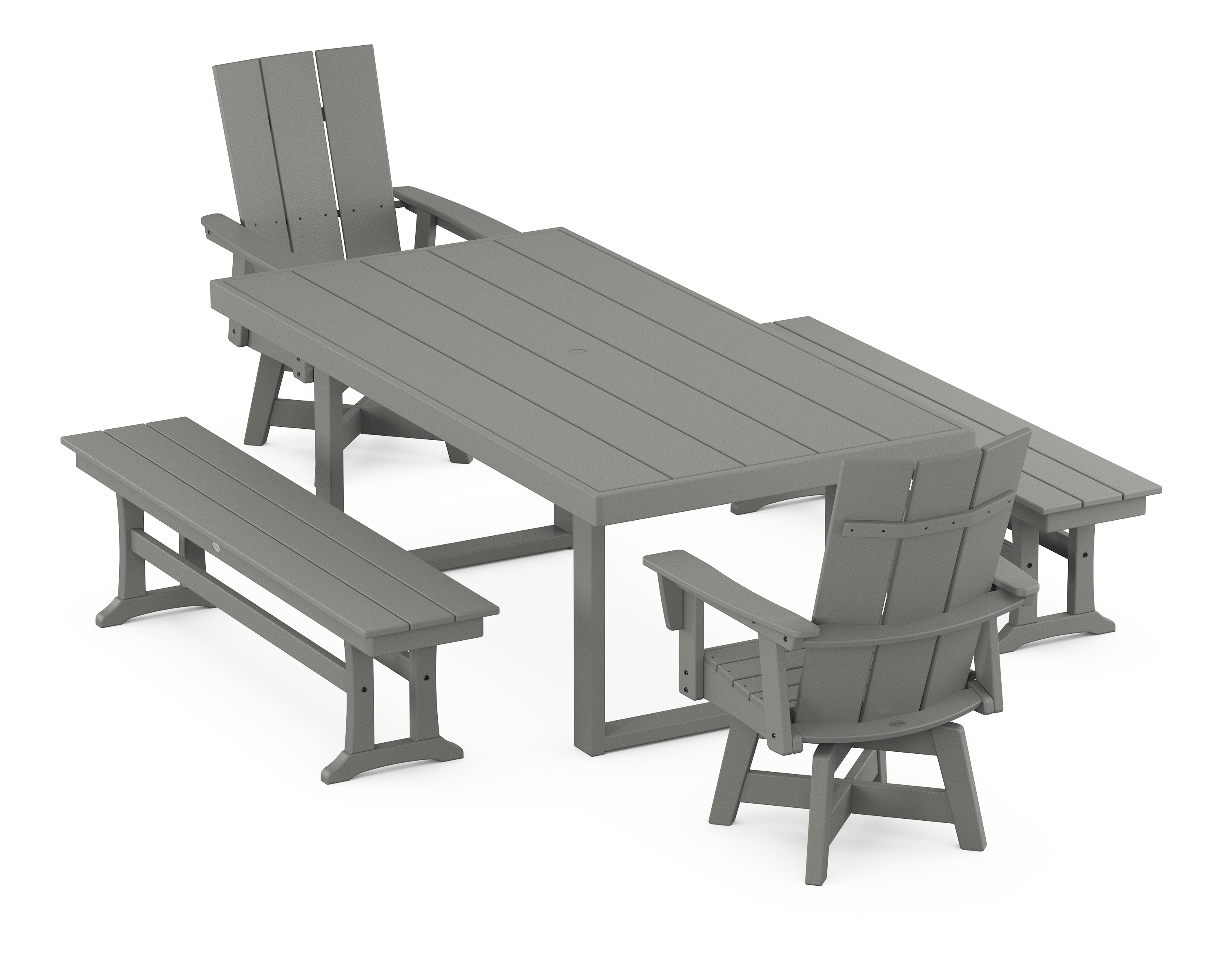 POLYWOOD Modern Adirondack Swivel Chair 5-Piece Dining Set with Benches