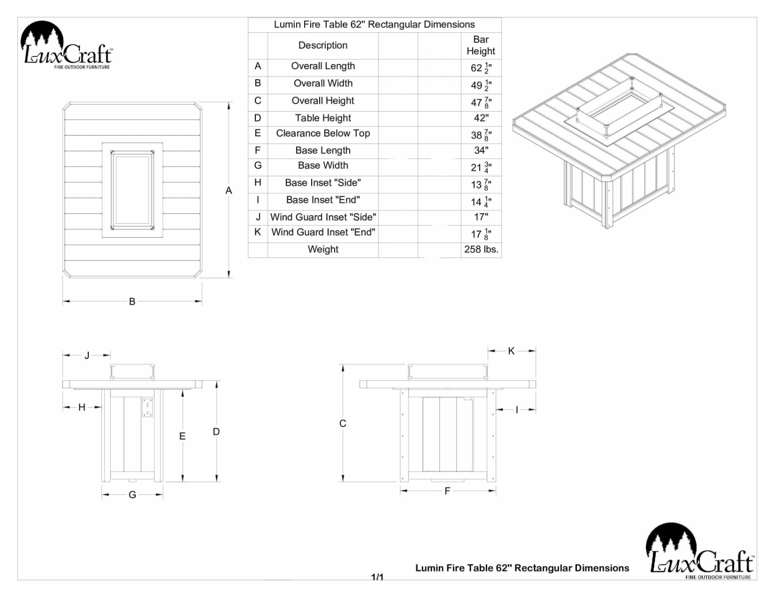 Luxcraft Lumin 62 in Fire Bar Table