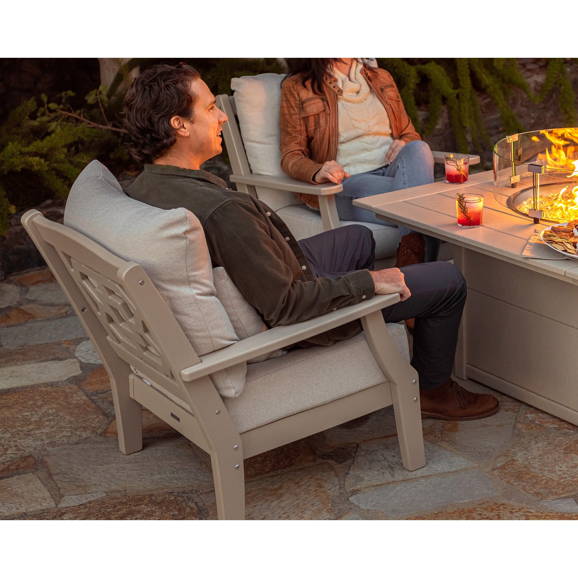 Martha Stewart by POLYWOOD Chinoiserie 5-Piece Deep Seating Set with Fire Pit Table - Lifestyle View 1