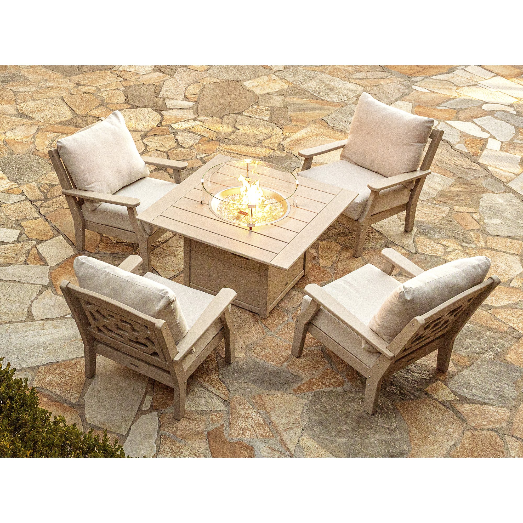 Martha Stewart by POLYWOOD Chinoiserie 5-Piece Deep Seating Set with Fire Pit Table - Lifestyle View 4