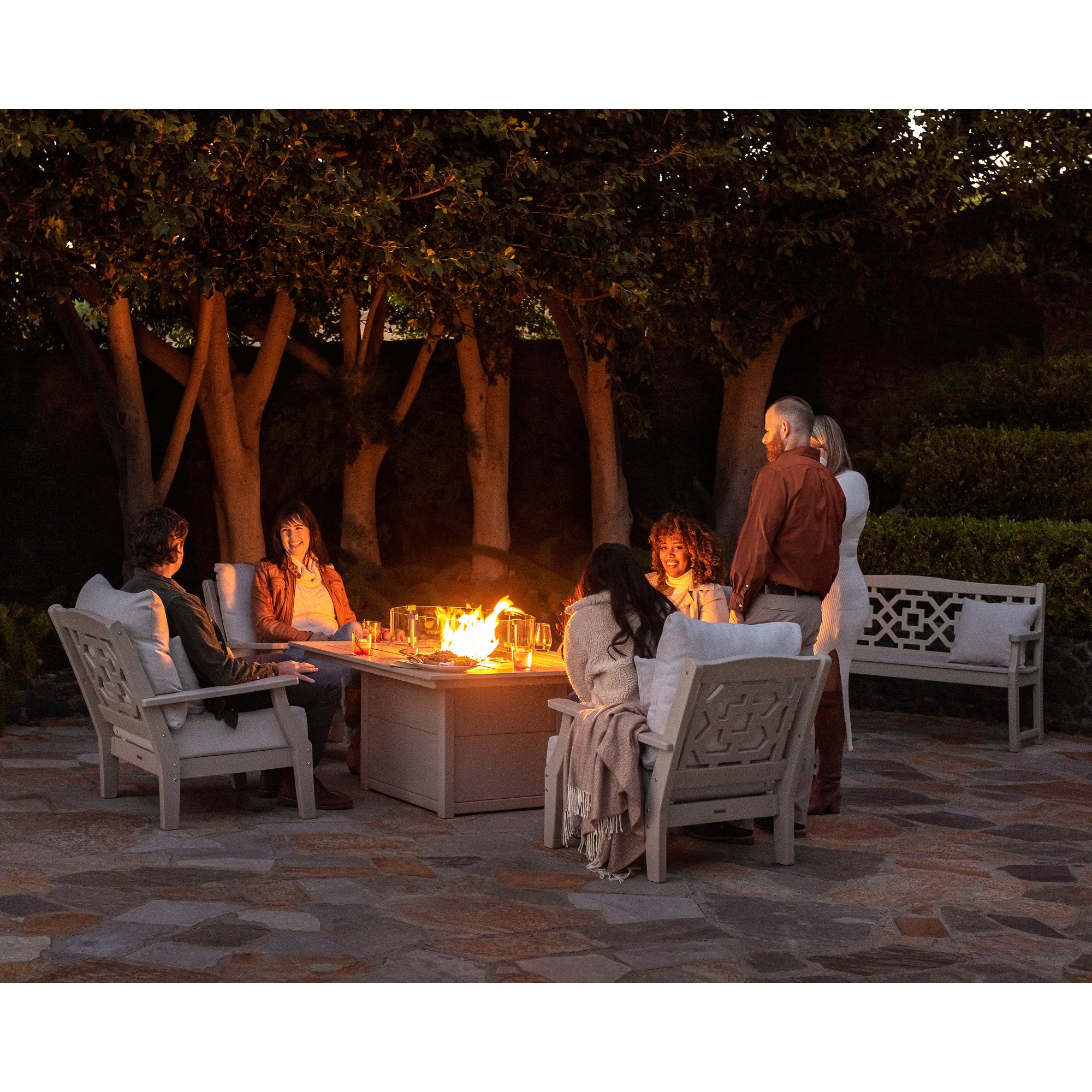 Martha Stewart by POLYWOOD Chinoiserie 5-Piece Deep Seating Set with Fire Pit Table - Lifestyle View 5