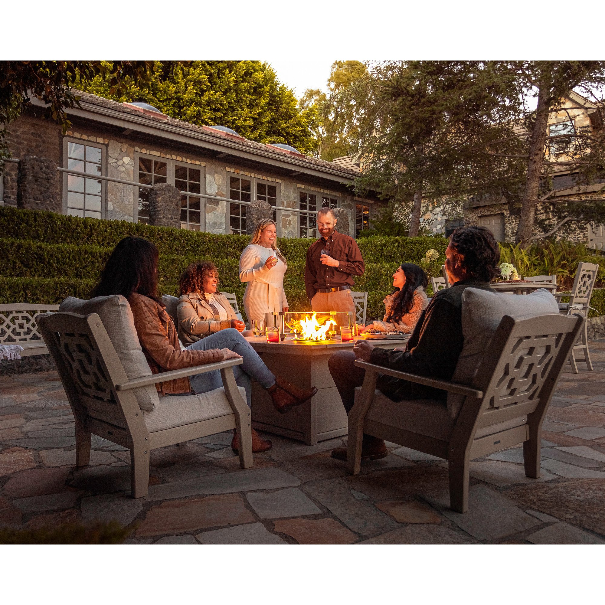 Martha Stewart by POLYWOOD Chinoiserie 5-Piece Deep Seating Set with Fire Pit Table - Lifestyle View 6