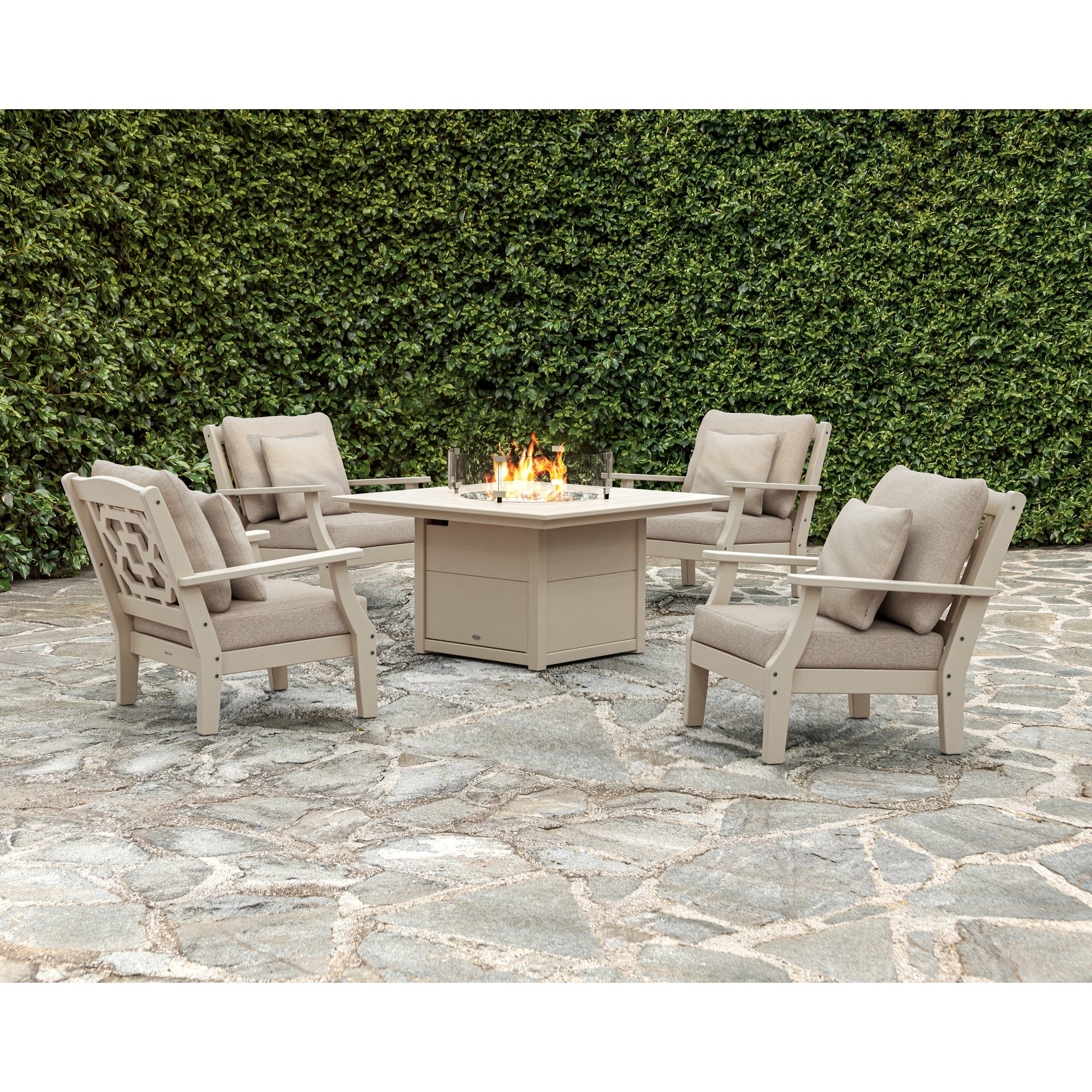 Martha Stewart by POLYWOOD Chinoiserie 5-Piece Deep Seating Set with Fire Pit Table - Lifestyle View 7