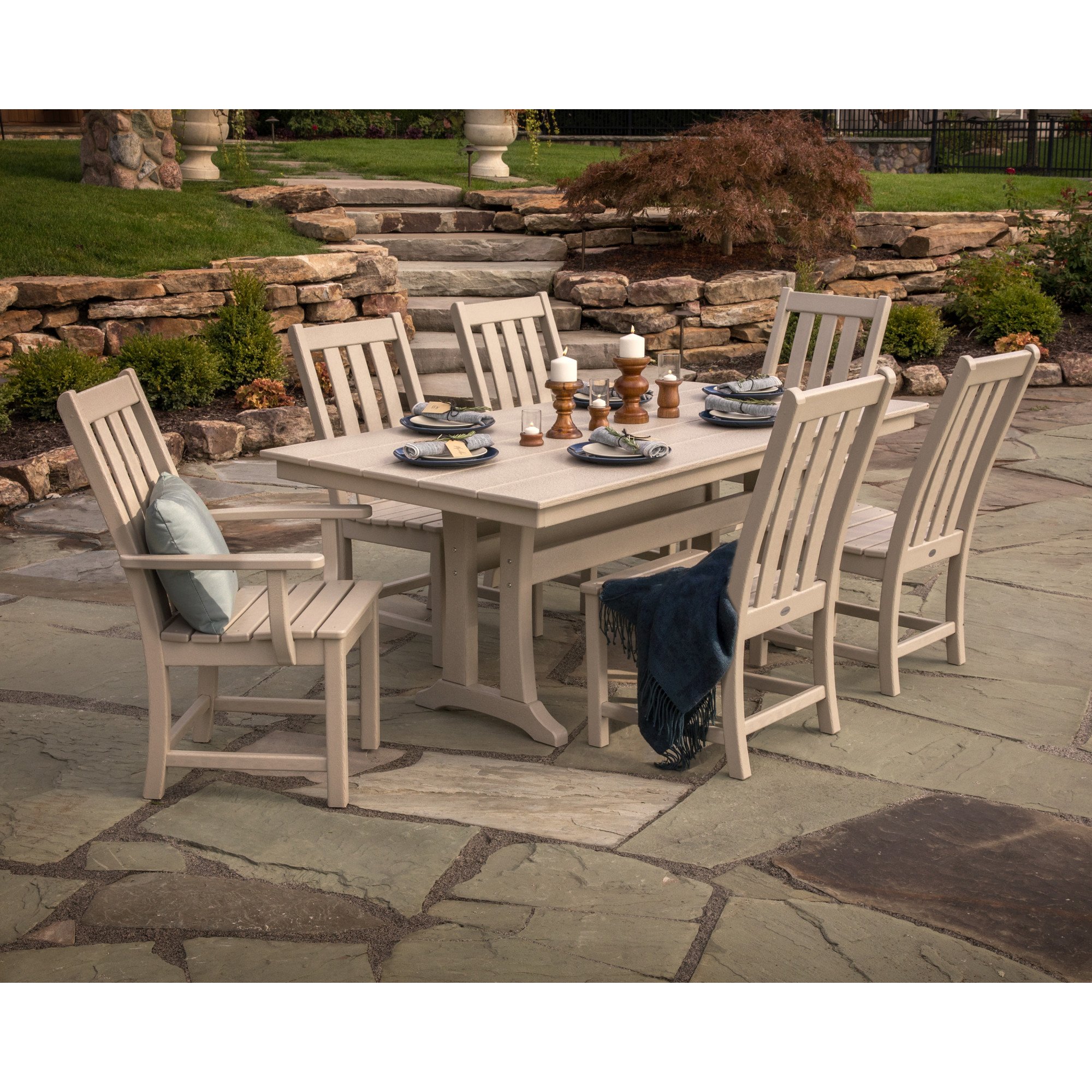 POLYWOOD® Vineyard 7-Piece Farmhouse Dining Set with Trestle Legs - Lifestyle View 1